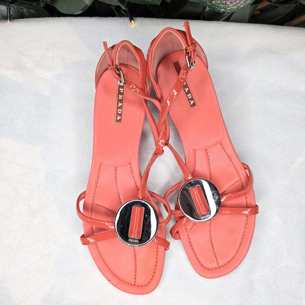 50) PRADA Coral Blush Traction Sole Wedge Sandles Sz. 8